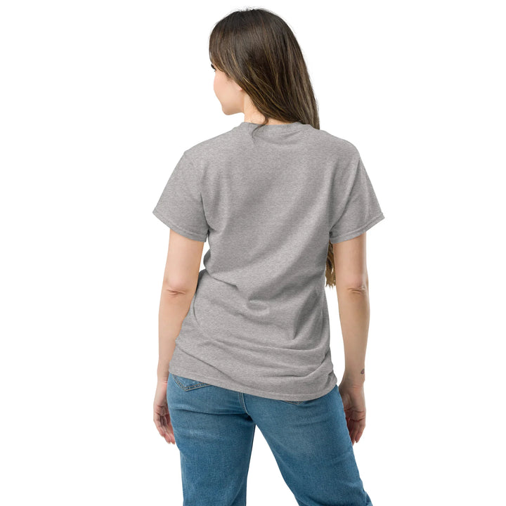 Back view of woman wearing unisex sport grey classic tee and jeans, What Then Studio apparel