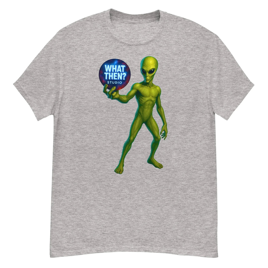 Sport grey unisex t-shirt with green alien holding 'What Then? Studio' logo orb