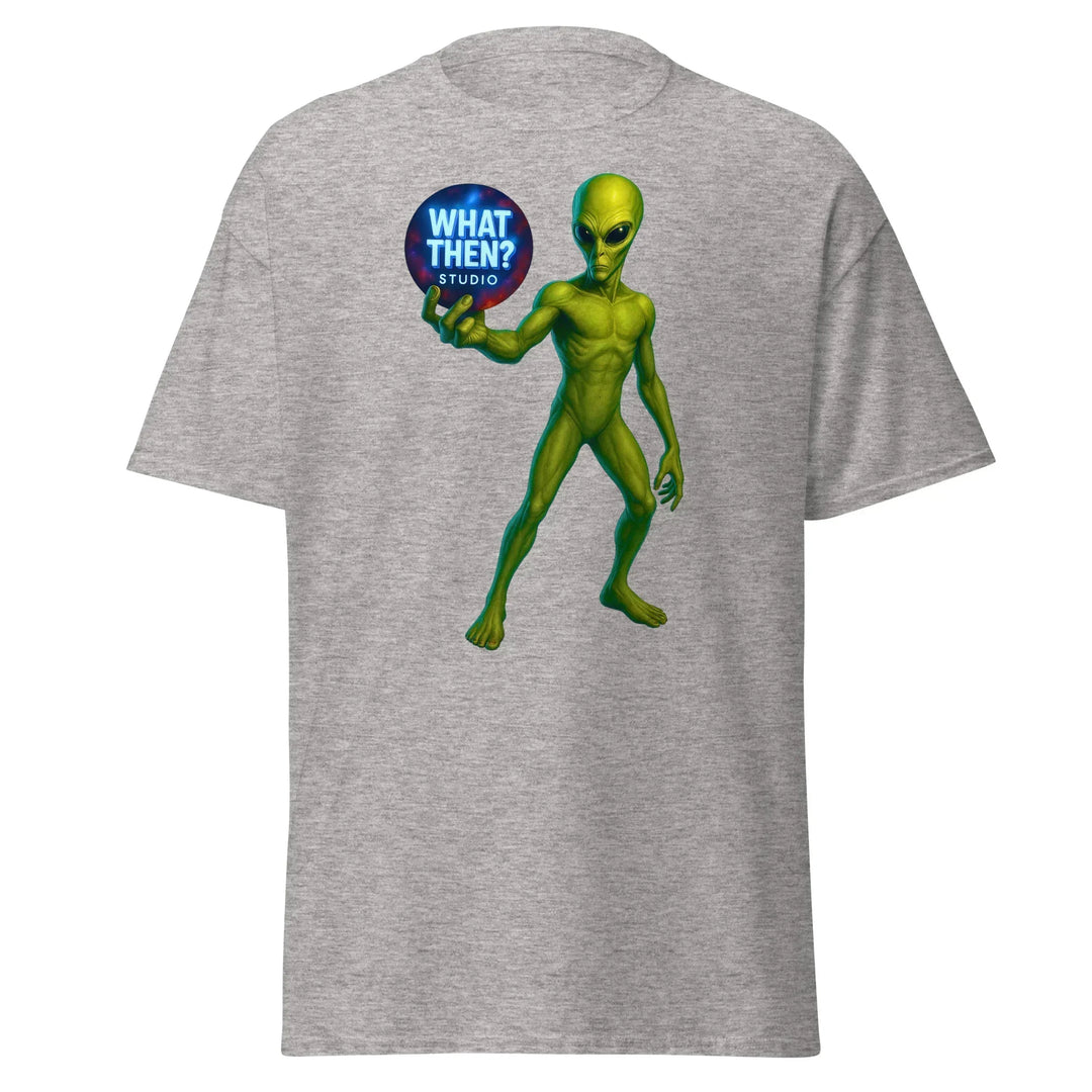 Sport grey unisex t-shirt with green alien holding 'What Then? Studio' logo orb on chest