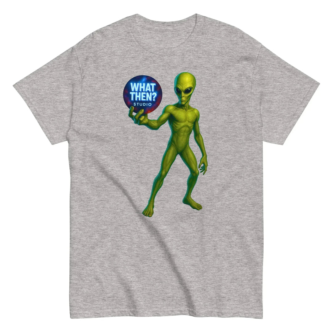 Sport grey unisex t-shirt featuring green alien holding 'What Then? Studio' logo