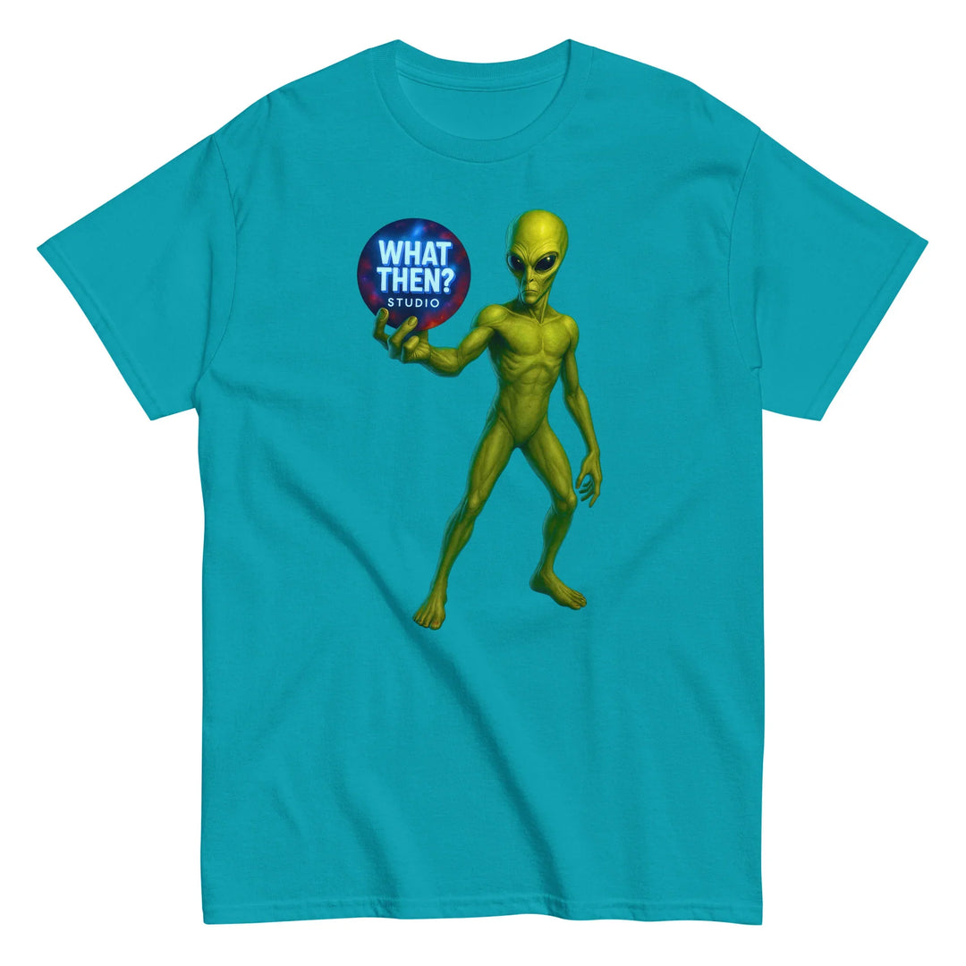 Tropical blue unisex tee featuring green alien holding 'What Then? Studio' logo orb