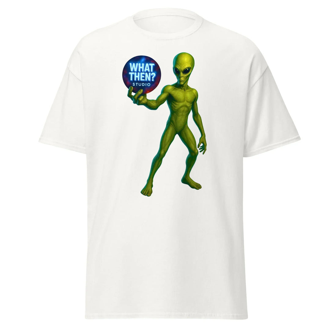 White unisex t-shirt with green alien holding 'What Then? Studio' logo, sci-fi theme