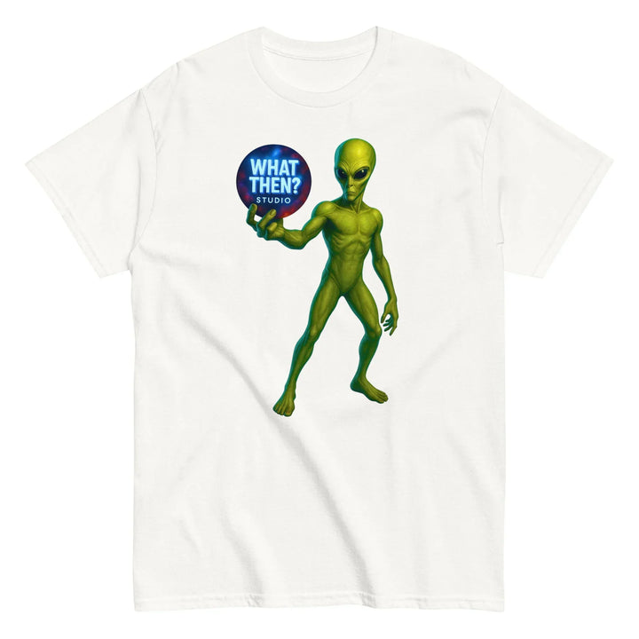 White unisex tee with green alien holding 'What Then? Studio' logo, sci-fi themed shirt