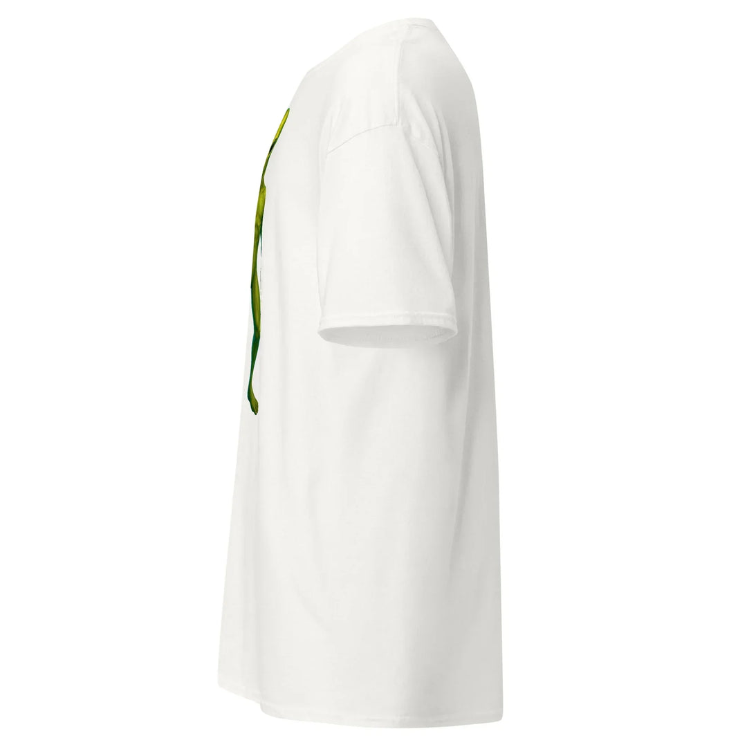 Unisex classic white tee left side view with minimal green graphic, What Then Studio apparel