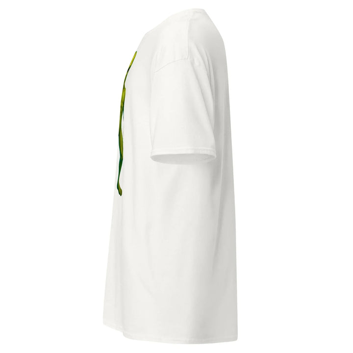 Unisex classic white tee left side view with minimal green graphic, What Then Studio apparel