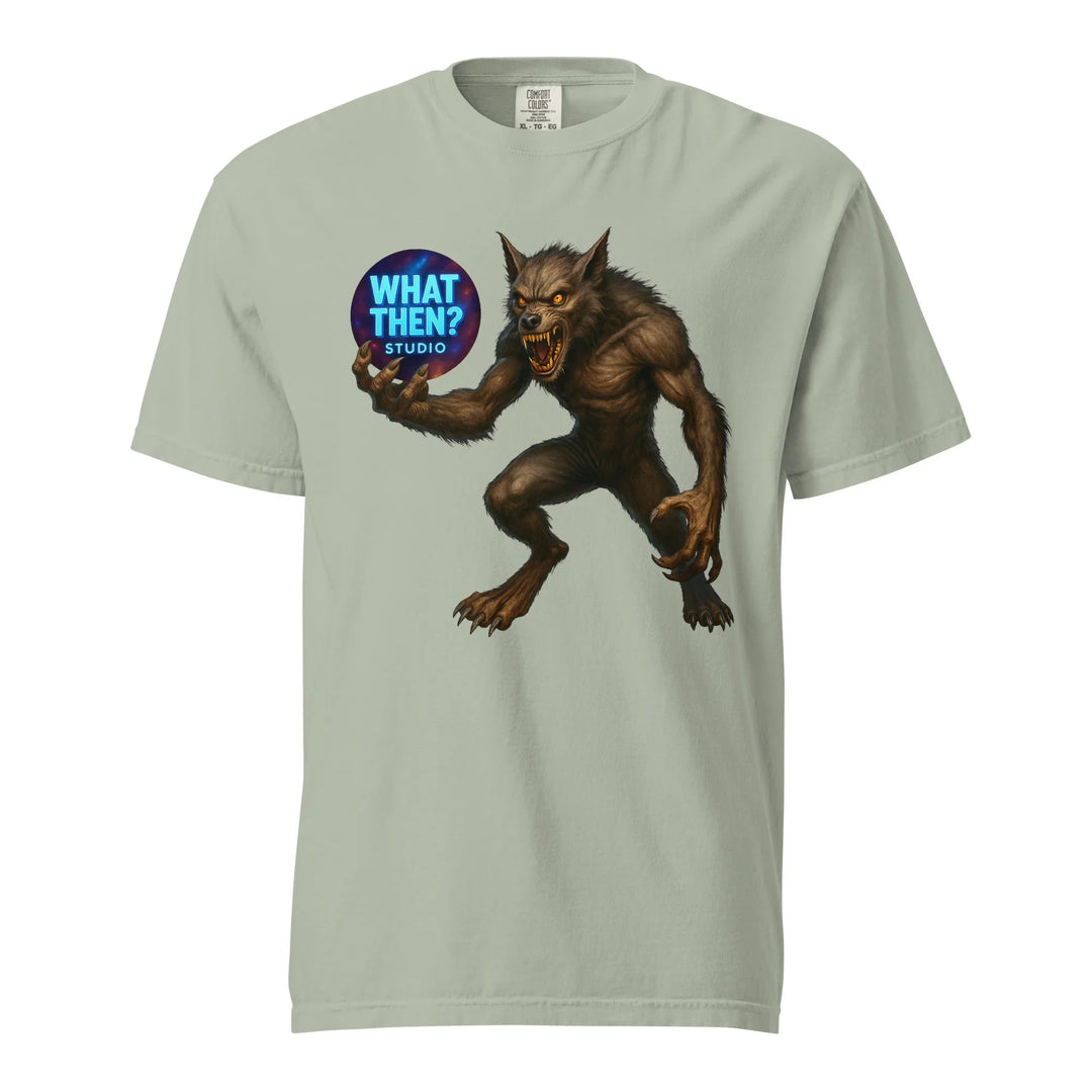 Unisex heavyweight t-shirt with werewolf and What Then Studio logo graphic on front