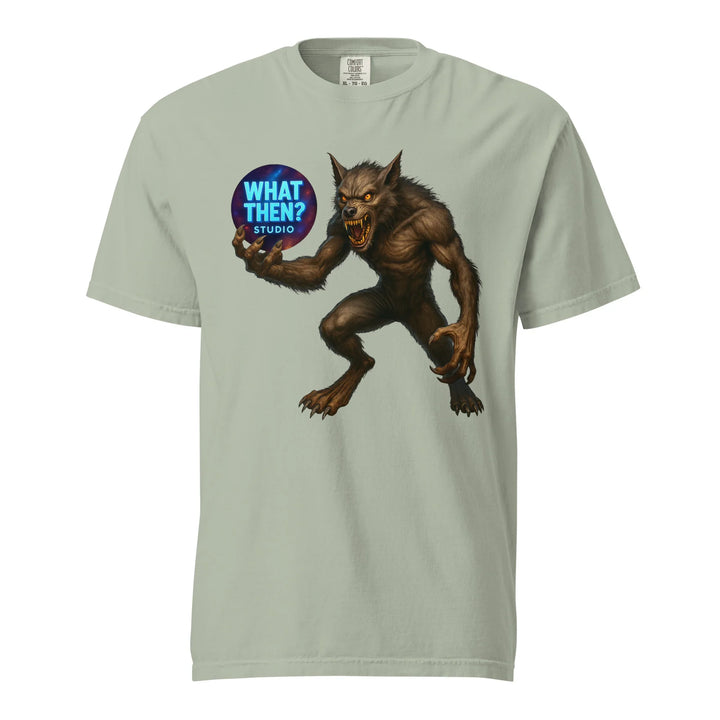 Unisex heavyweight t-shirt with werewolf and What Then Studio logo graphic on front