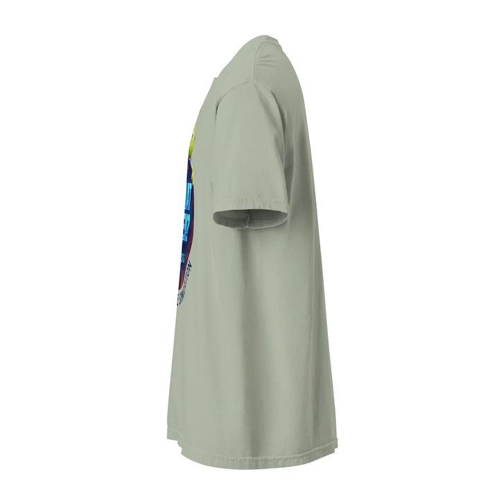 Unisex heavyweight bay t-shirt side view with colorful front graphic, What Then Studio apparel