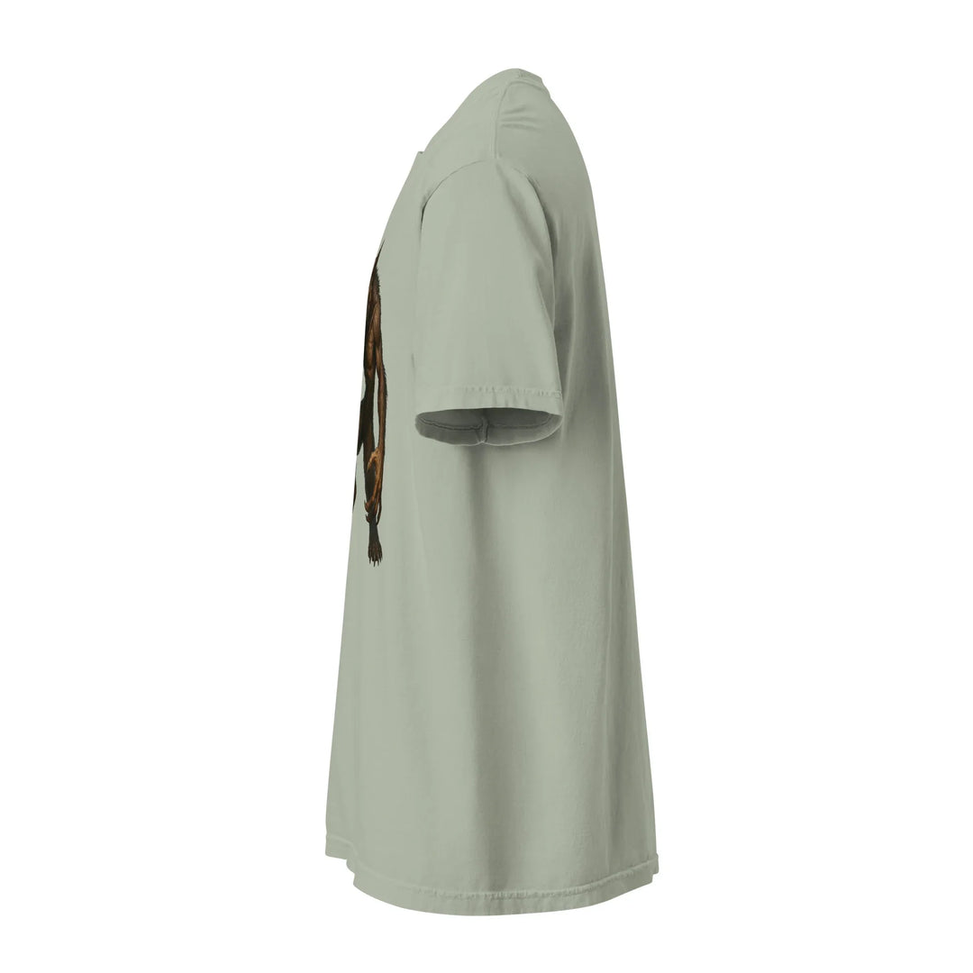 Unisex heavyweight bay t-shirt side view with partial graphic for What Then Studio