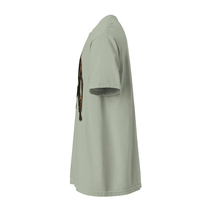 Unisex heavyweight bay t-shirt side view with partial graphic for What Then Studio