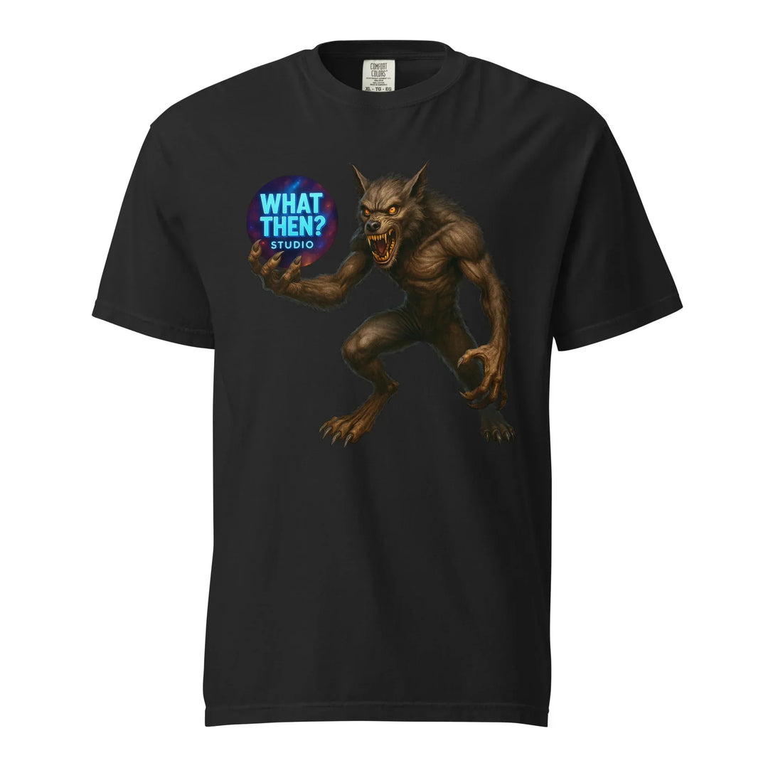Black unisex t-shirt featuring a werewolf holding a blue 'What Then? Studio' logo sphere.