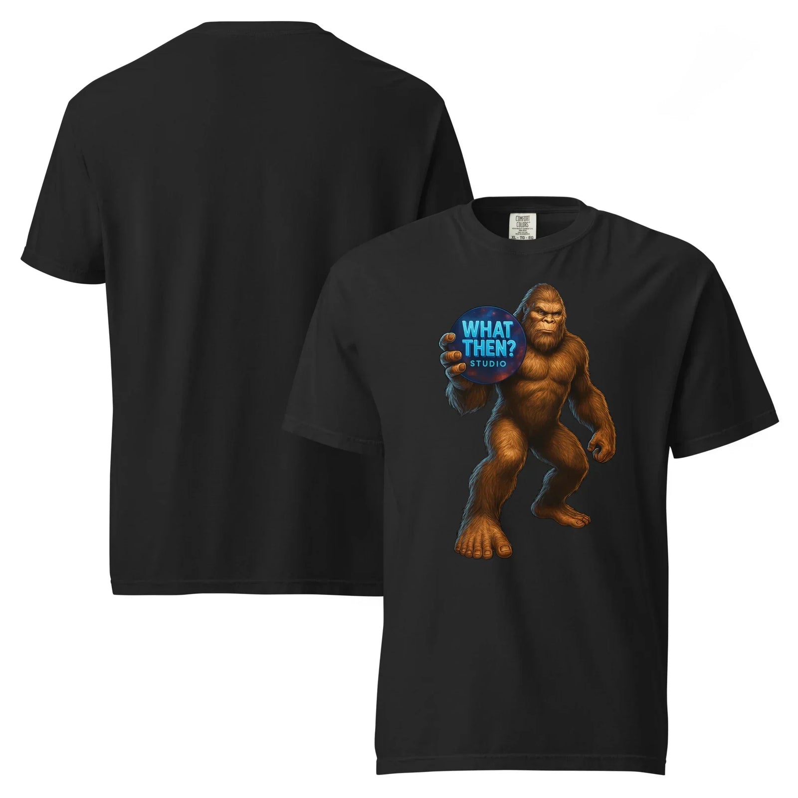 Black heavyweight unisex t-shirt with Bigfoot holding 'What Then? Studio' blue logo on front