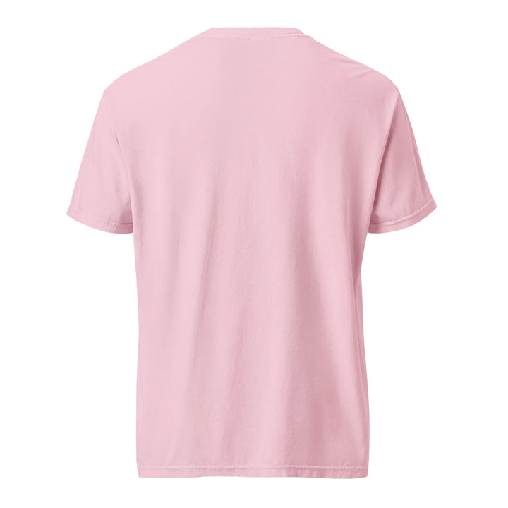 Unisex garment-dyed heavyweight pink T-shirt, back view, What Then Studio apparel