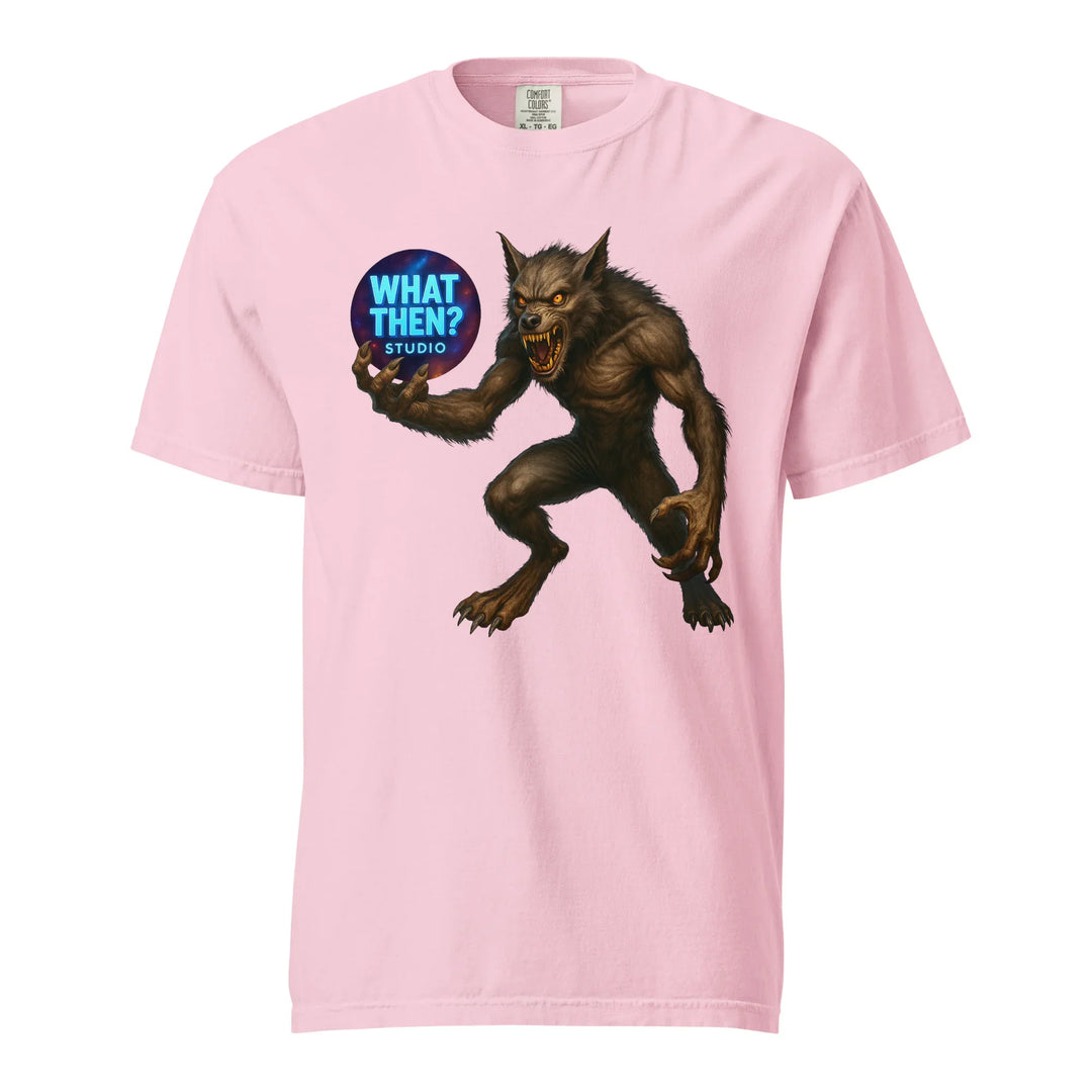 Pink heavyweight unisex t-shirt with werewolf holding 'What Then? Studio' logo graphic