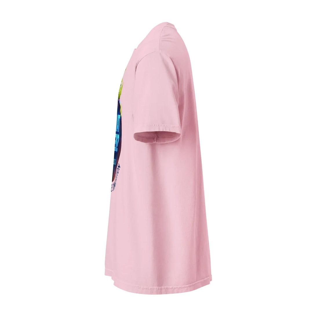 Unisex pink heavyweight t-shirt with colorful front graphic, What Then Studio merch