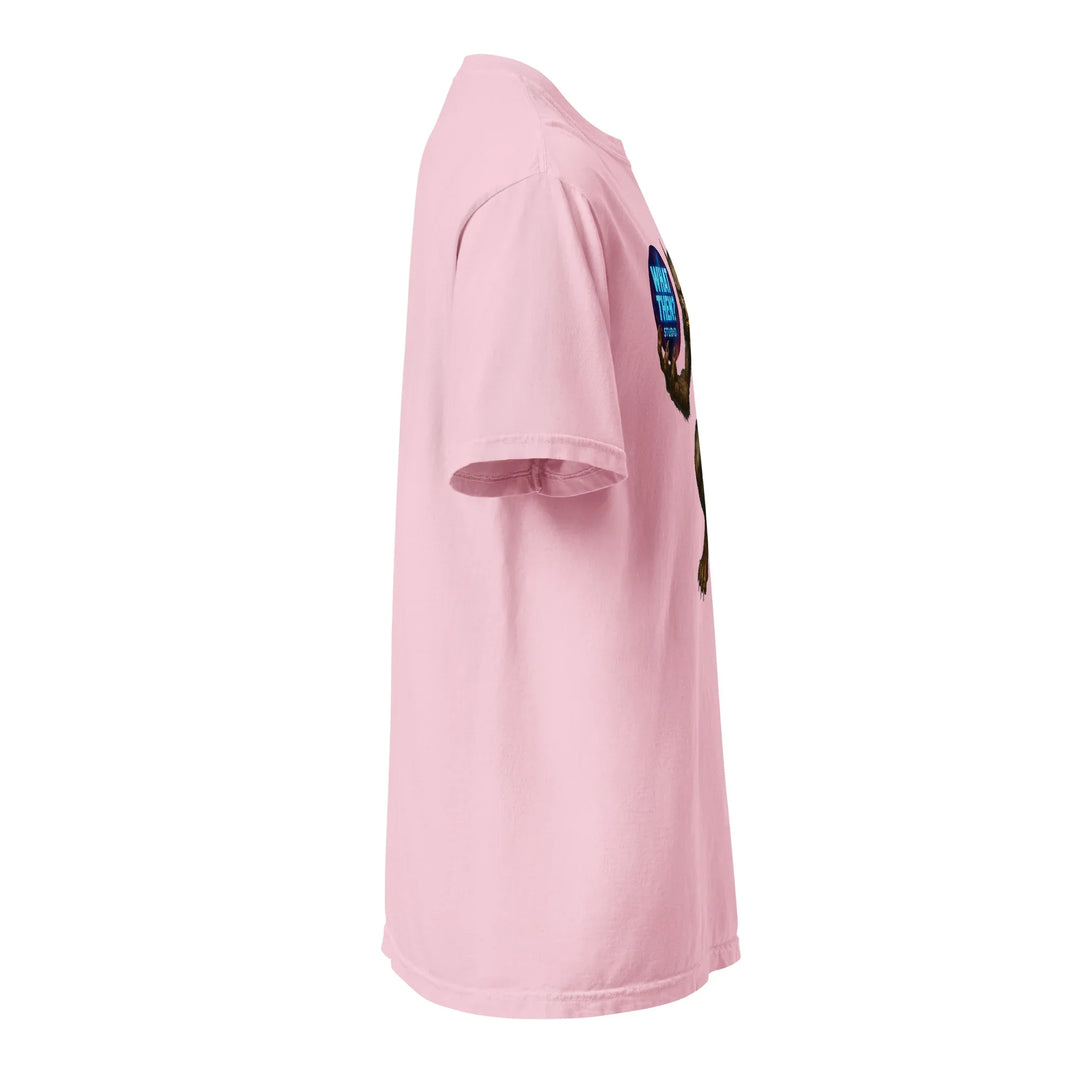 Unisex heavyweight pink t-shirt with partial What Then Studio logo on chest, right side view