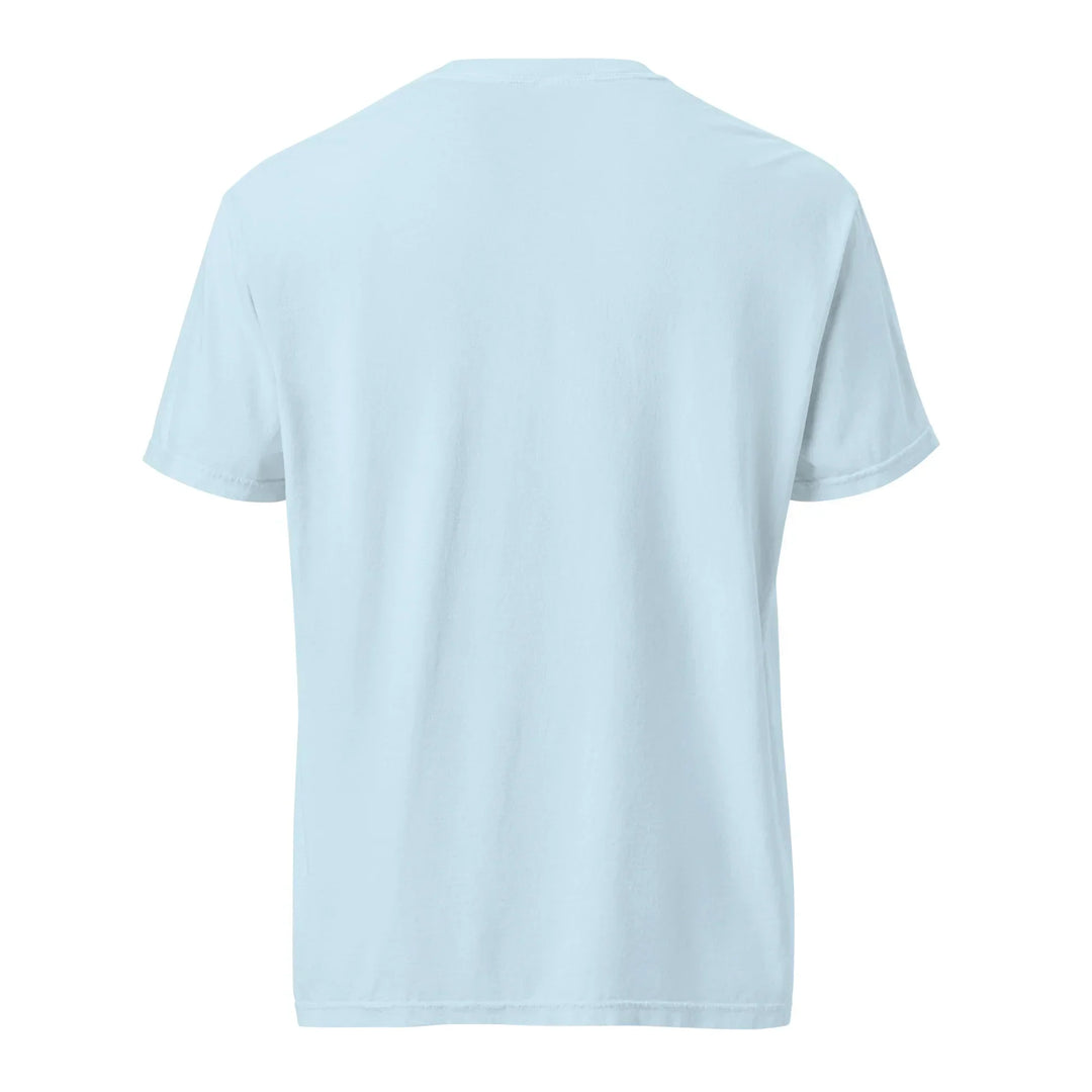 Unisex chambray blue heavyweight T-shirt, back view, What Then Studio apparel