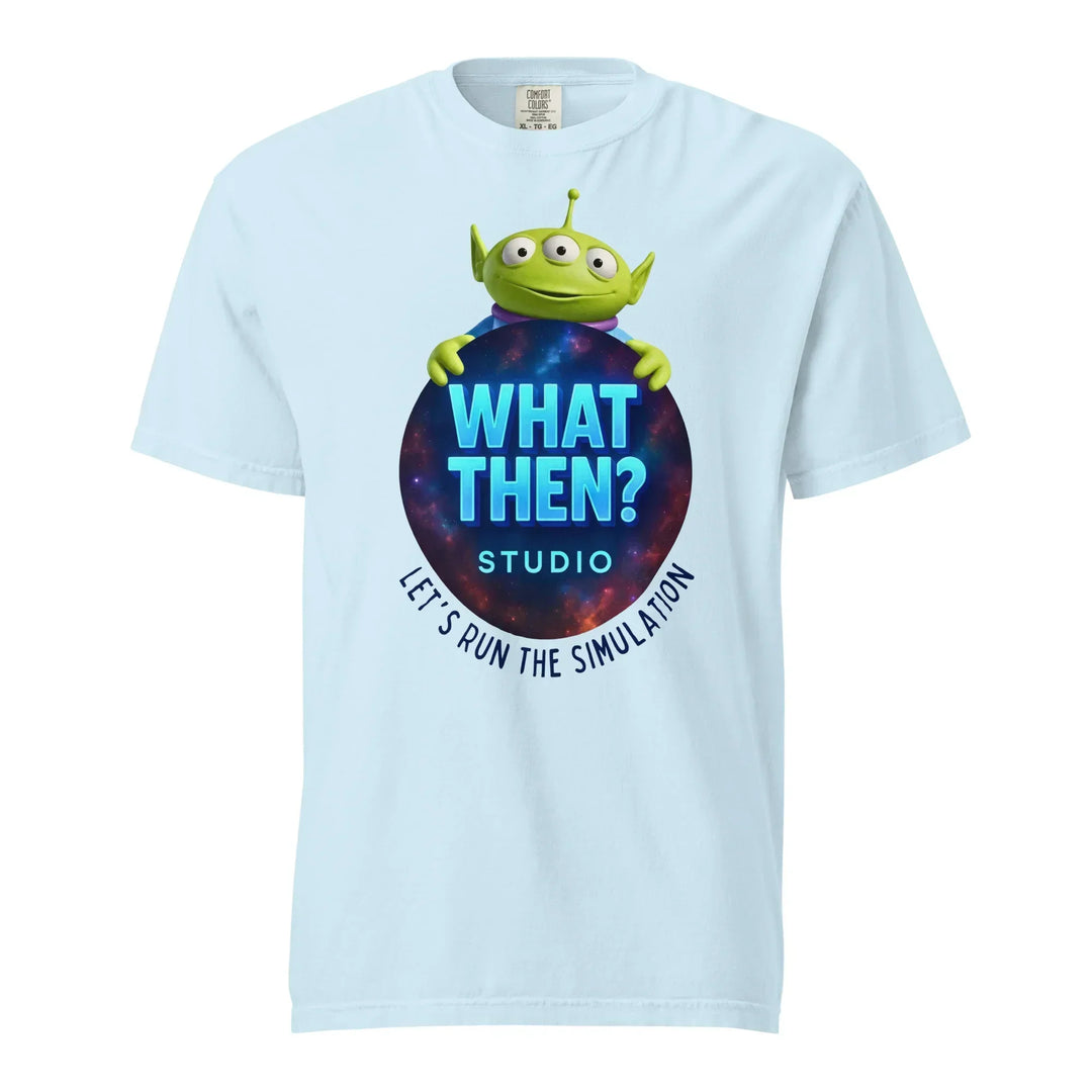 Unisex light blue What Then Studio t-shirt with green alien and 'Let’s Run the Simulation' text