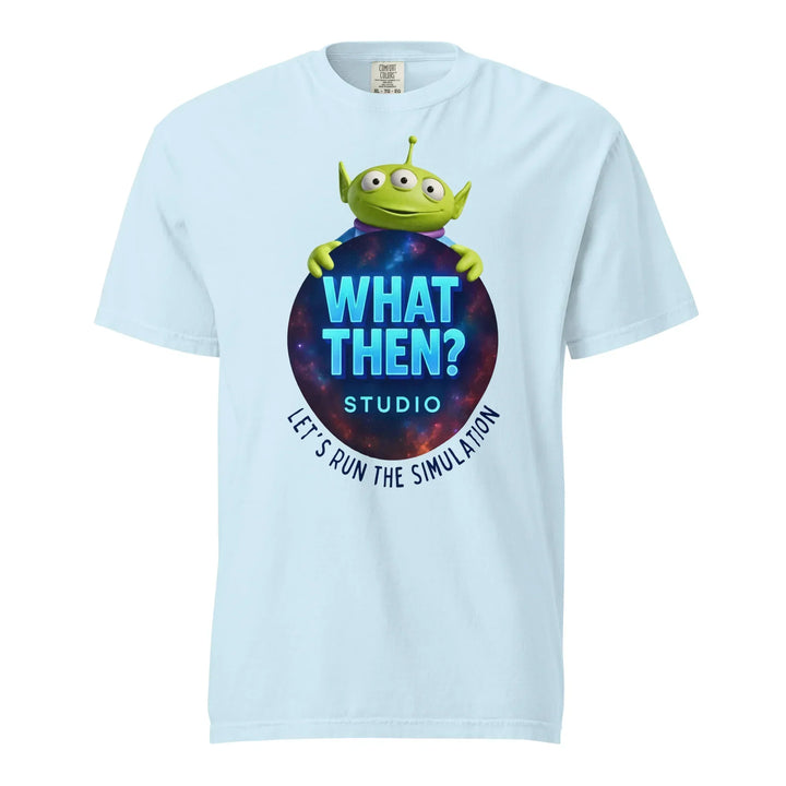 Unisex light blue What Then Studio t-shirt with green alien and 'Let’s Run the Simulation' text