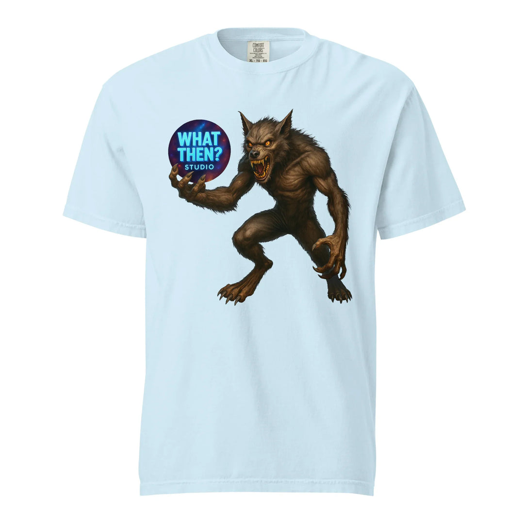 Light blue unisex t-shirt with a werewolf graphic holding a What Then Studio logo orb