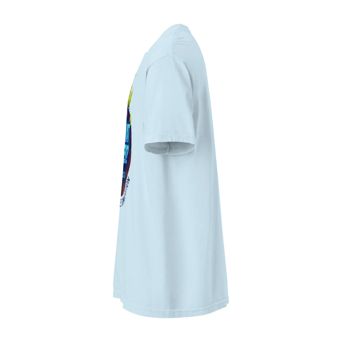 Side view of chambray blue unisex heavyweight t-shirt with colorful graphic, What Then Studio