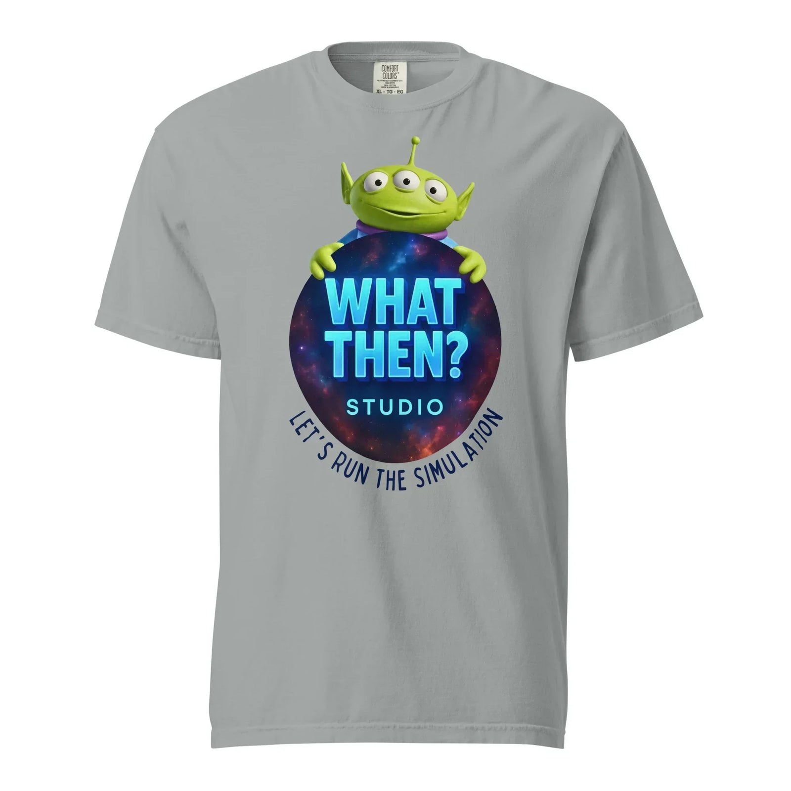 Granite unisex heavyweight t-shirt with 'What Then? Studio' alien graphic on front