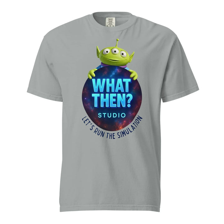 Granite unisex heavyweight t-shirt with 'What Then? Studio' alien graphic on front