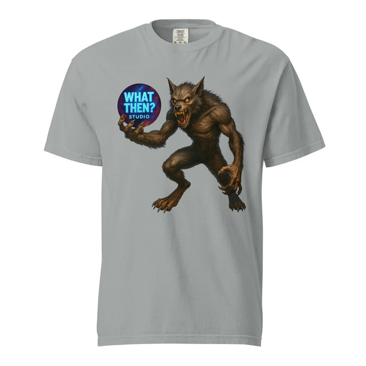 Granite unisex t-shirt with werewolf graphic holding 'What Then? Studio' logo