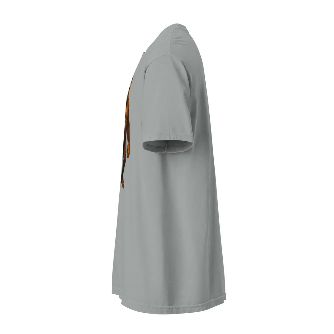 Granite unisex heavyweight t-shirt side view, minimal design, What Then Studio apparel