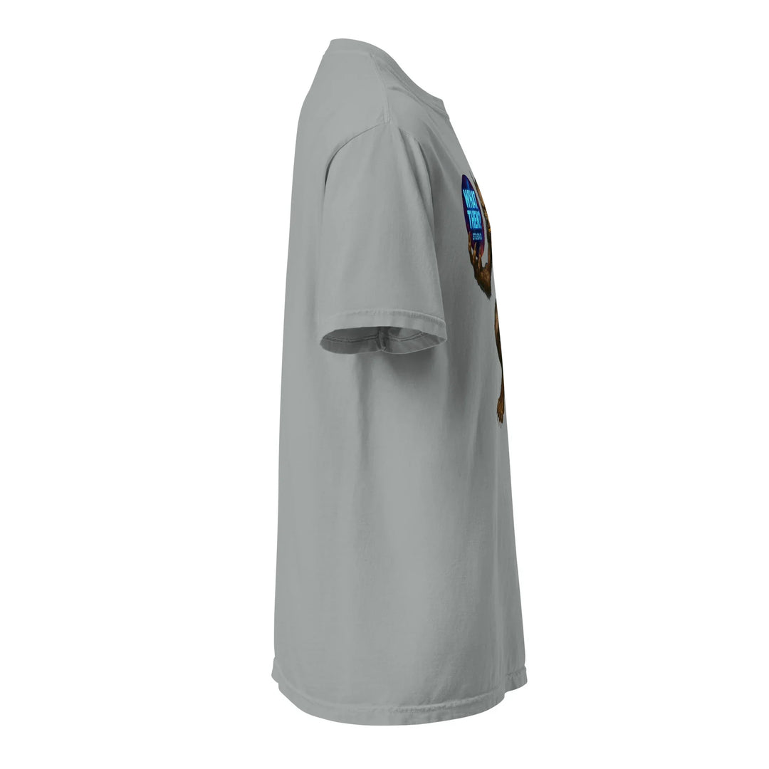 Unisex granite heavyweight t-shirt with What Then Studio graphic, side view