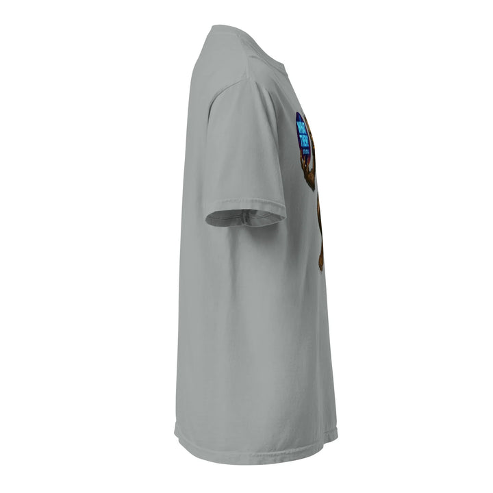 Unisex granite heavyweight t-shirt with What Then Studio graphic, side view