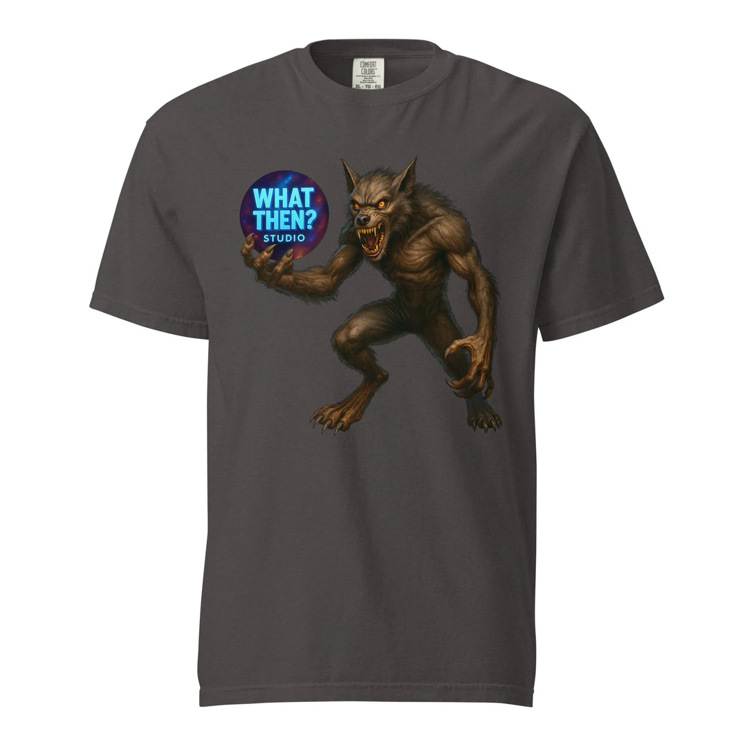 Graphite unisex heavyweight t-shirt with werewolf and 'What Then? Studio' logo graphic