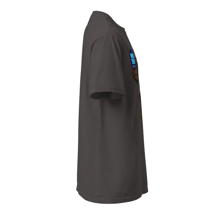 Graphite unisex heavyweight t-shirt side view, What Then Studio chest graphic visible