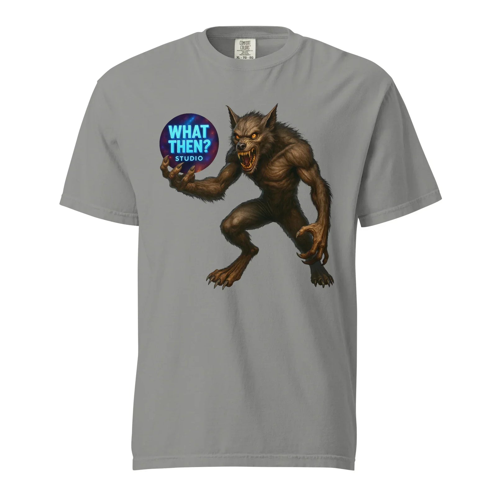 Grey unisex heavyweight t-shirt with werewolf holding What Then Studio logo graphic