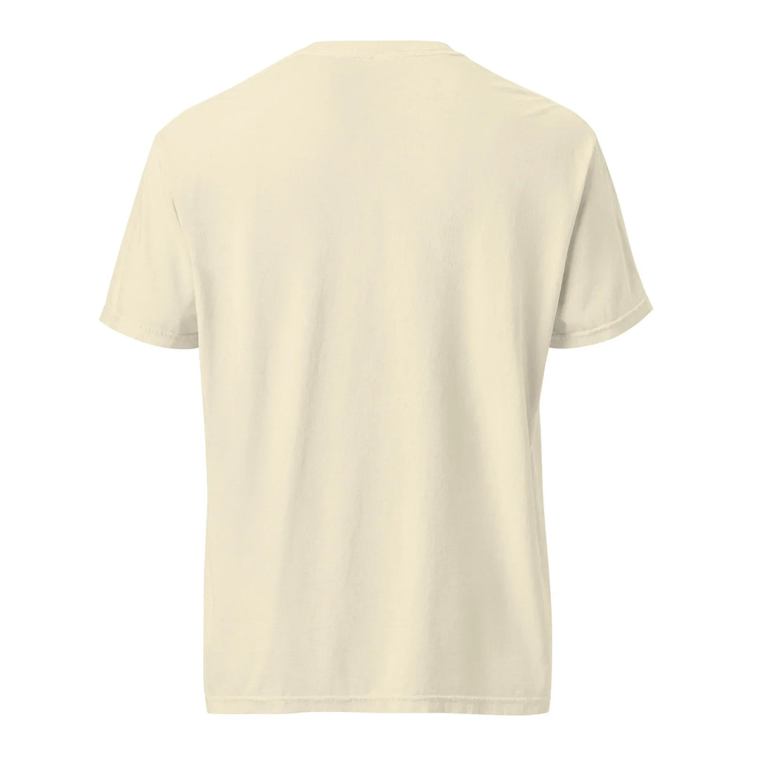 Back view of unisex ivory heavyweight t-shirt from What Then Studio against white background
