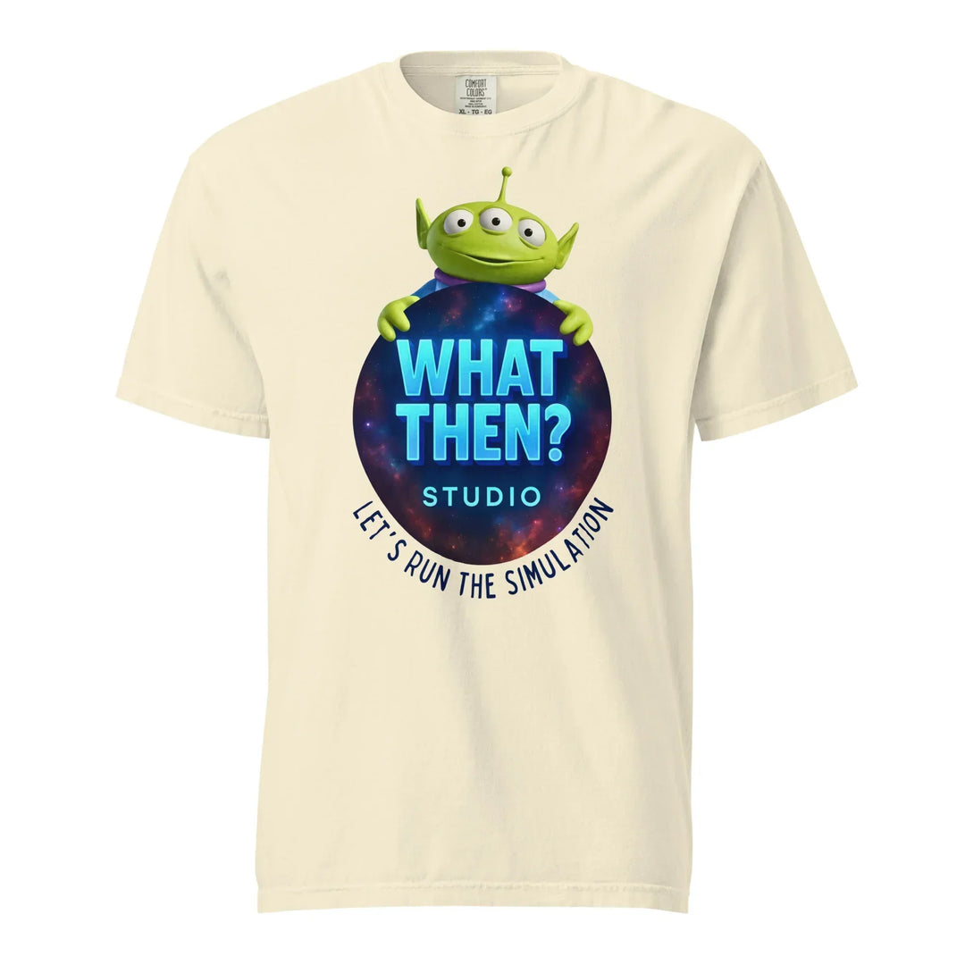 Ivory unisex t-shirt with What Then Studio logo, alien graphic, and 'Let's Run the Simulation' text.