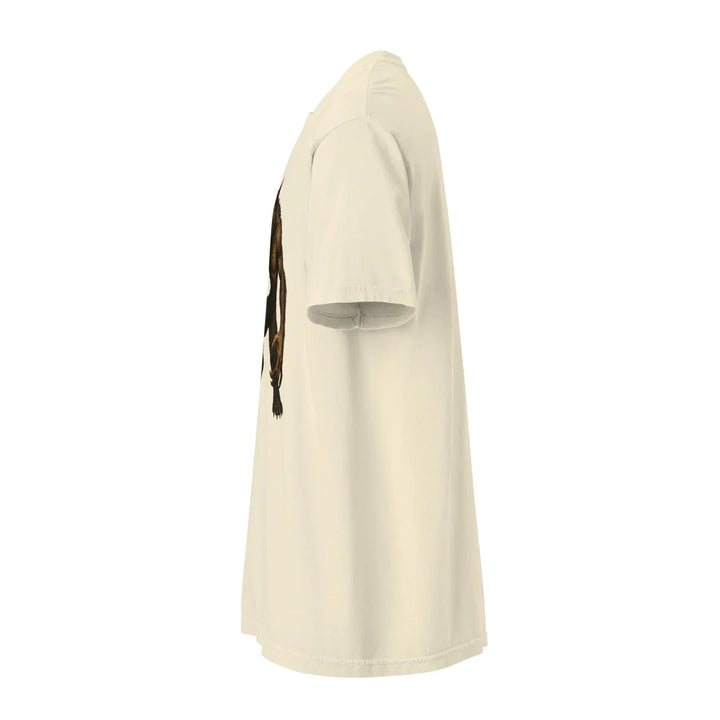 Unisex ivory heavyweight T-shirt side view, What Then Studio apparel with graphic print