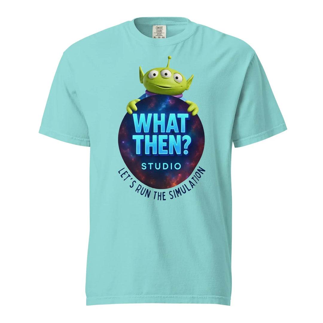 Lagoon blue What Then Studio unisex t-shirt with alien graphic and 'Let's Run the Simulation' text.