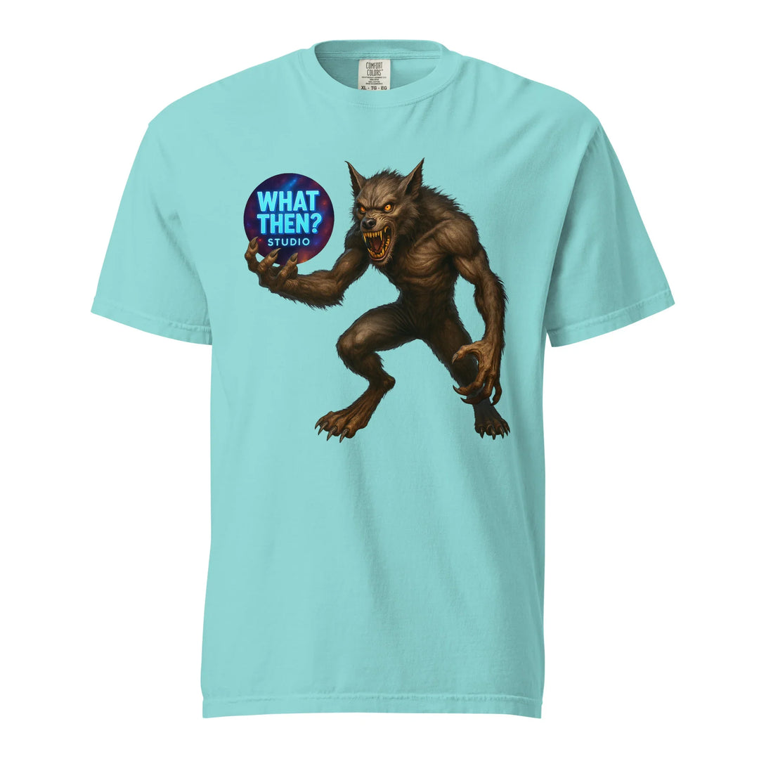 Lagoon blue unisex t-shirt featuring a werewolf holding What Then Studio logo graphic