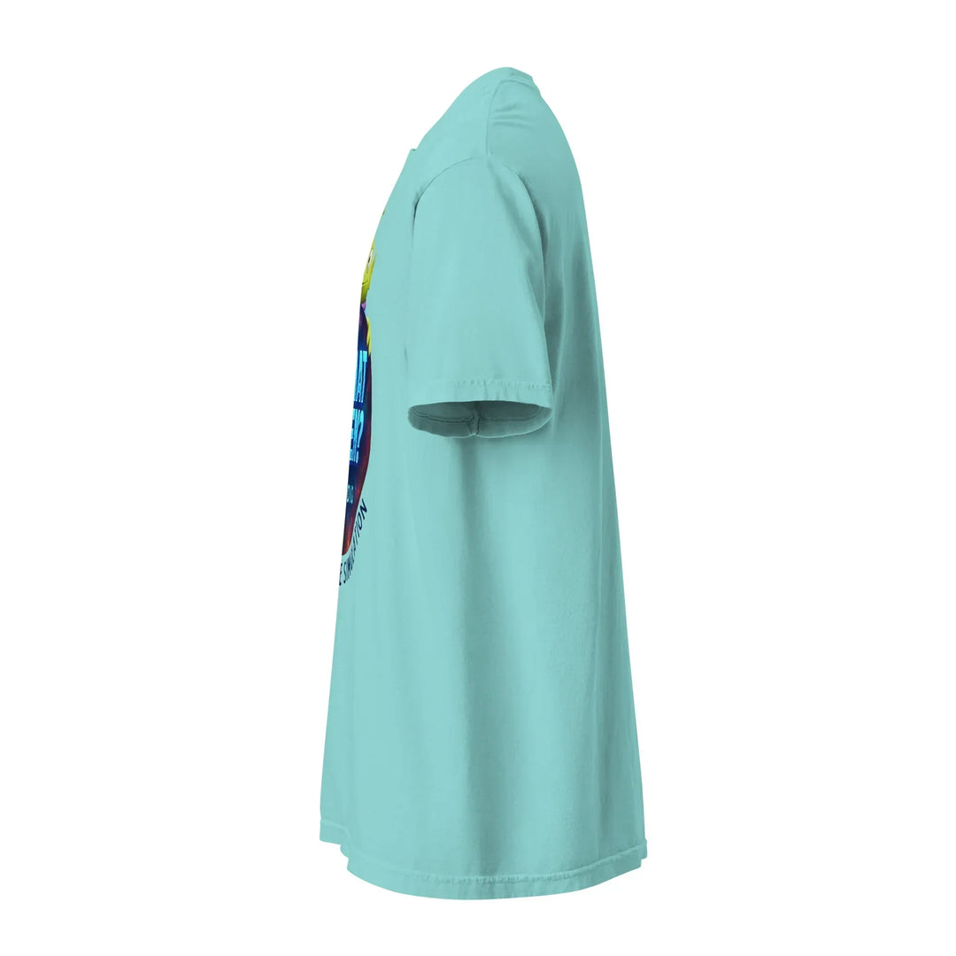 Unisex lagoon blue heavyweight t-shirt side view, What Then Studio merch