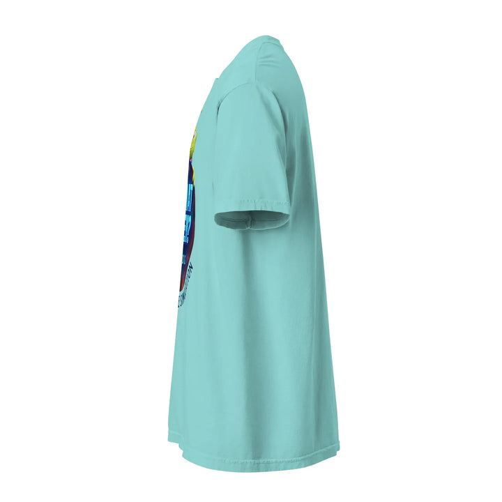 Unisex lagoon blue heavyweight t-shirt side view, What Then Studio merch
