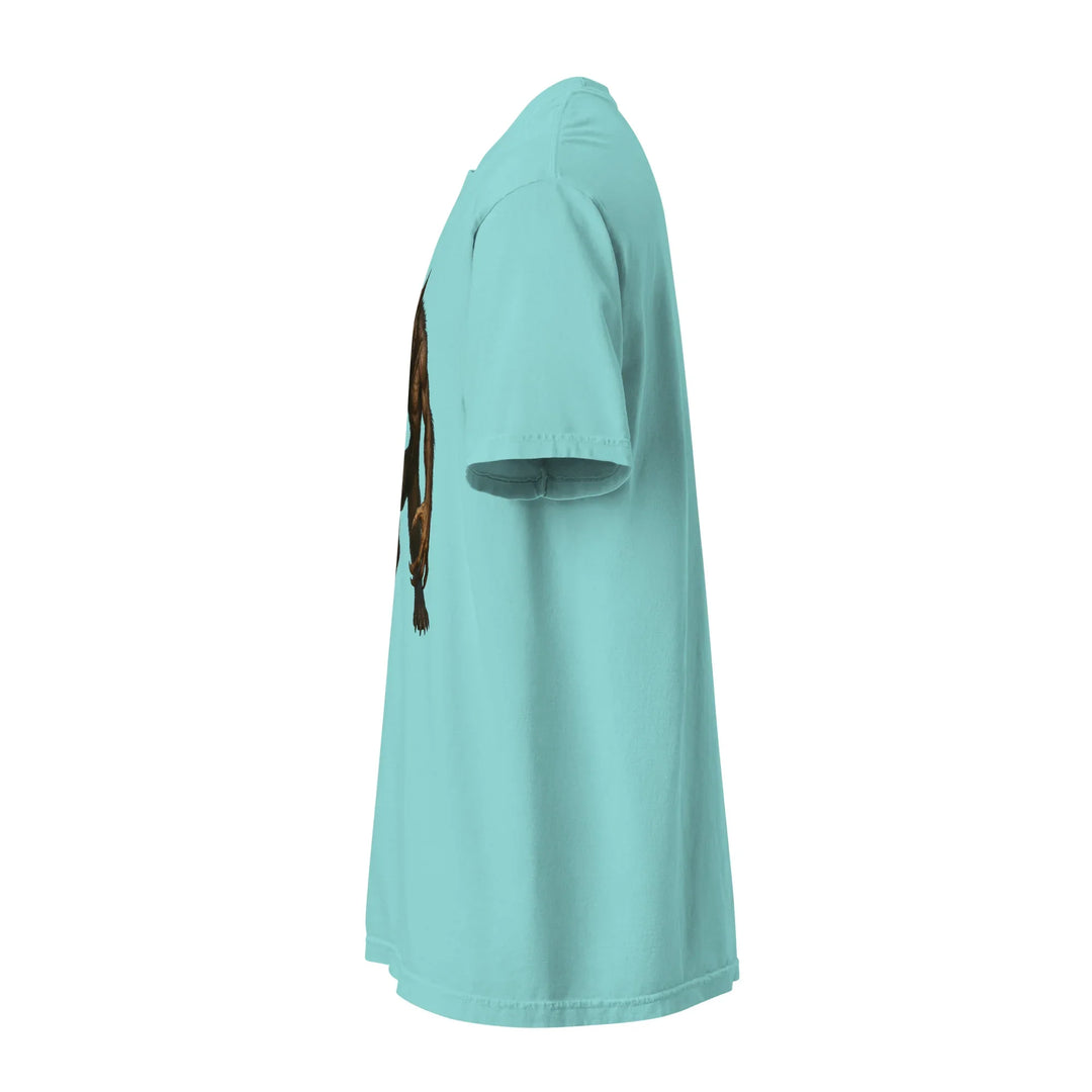 Unisex heavyweight lagoon blue t-shirt side view, What Then Studio apparel