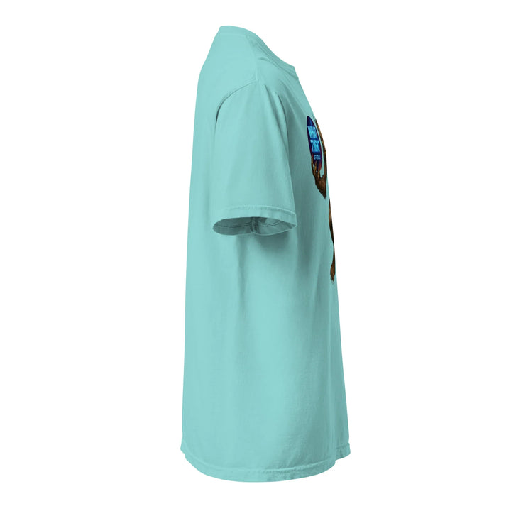 Unisex lagoon blue heavyweight t-shirt with What Then Studio logo, side view