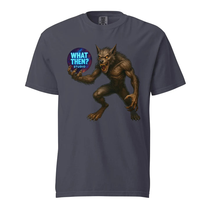 Navy unisex heavyweight T-shirt with werewolf holding 'What Then? Studio' logo, paranormal sci-fi graphic