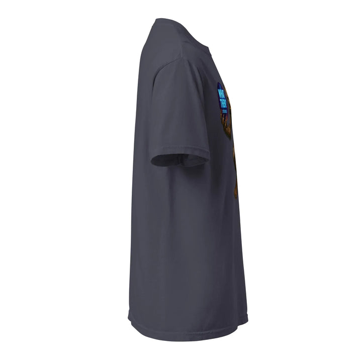 Unisex navy heavyweight T-shirt, side view, with What Then Studio logo graphic