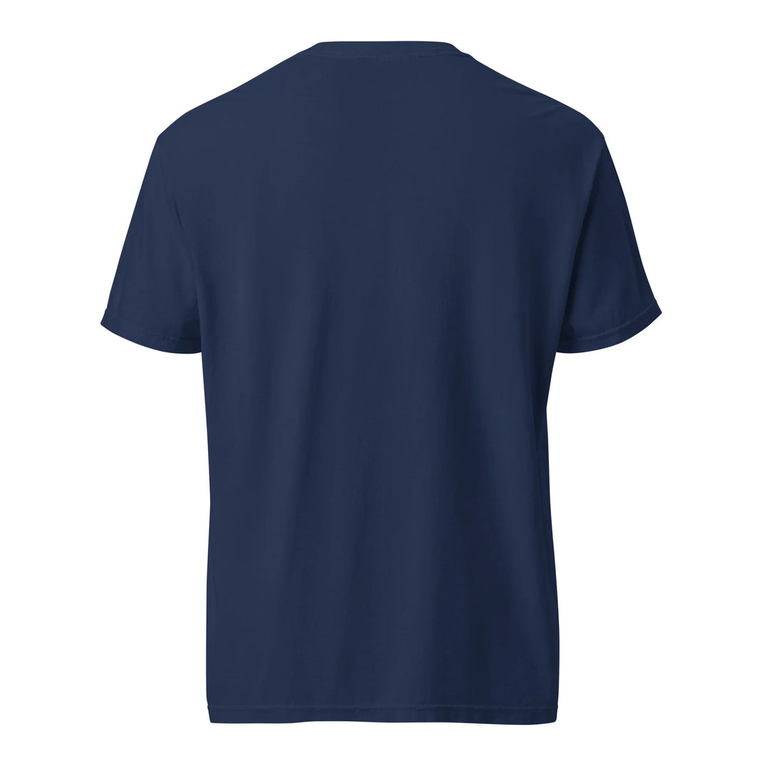 Unisex heavyweight t-shirt in true navy, plain back view, What Then Studio apparel