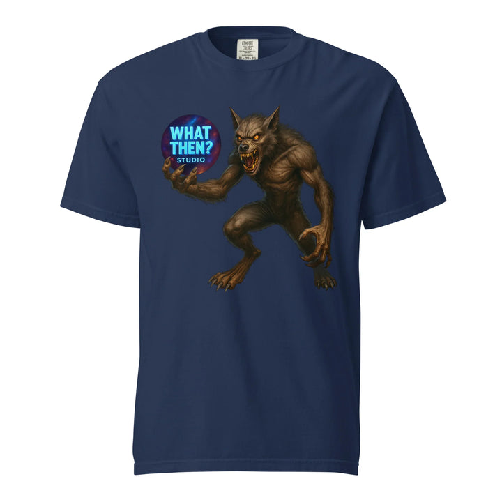 True navy unisex heavyweight t-shirt with werewolf and What Then? Studio logo graphic
