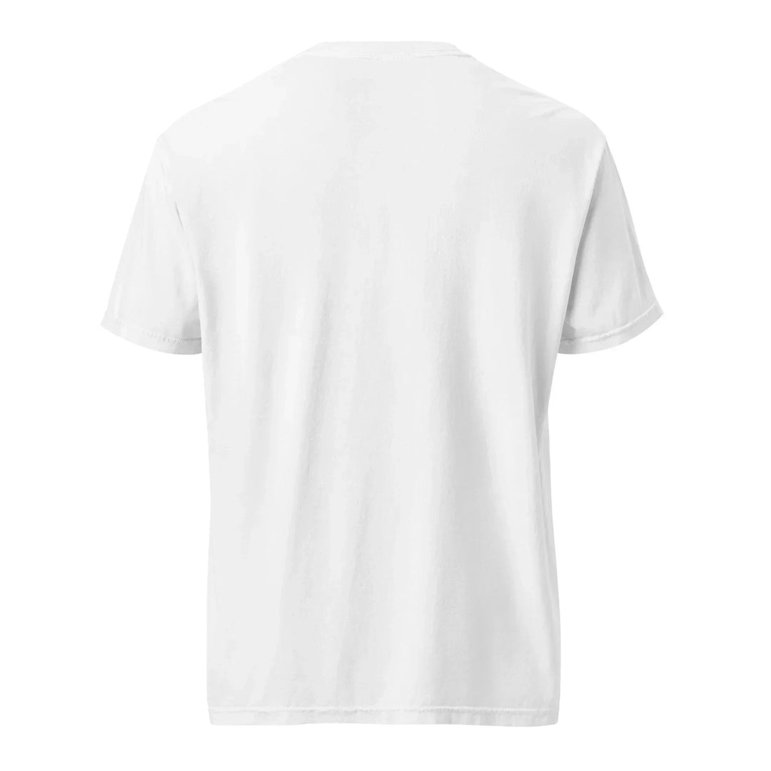 Unisex white heavyweight t-shirt back view, What Then Studio garment product image