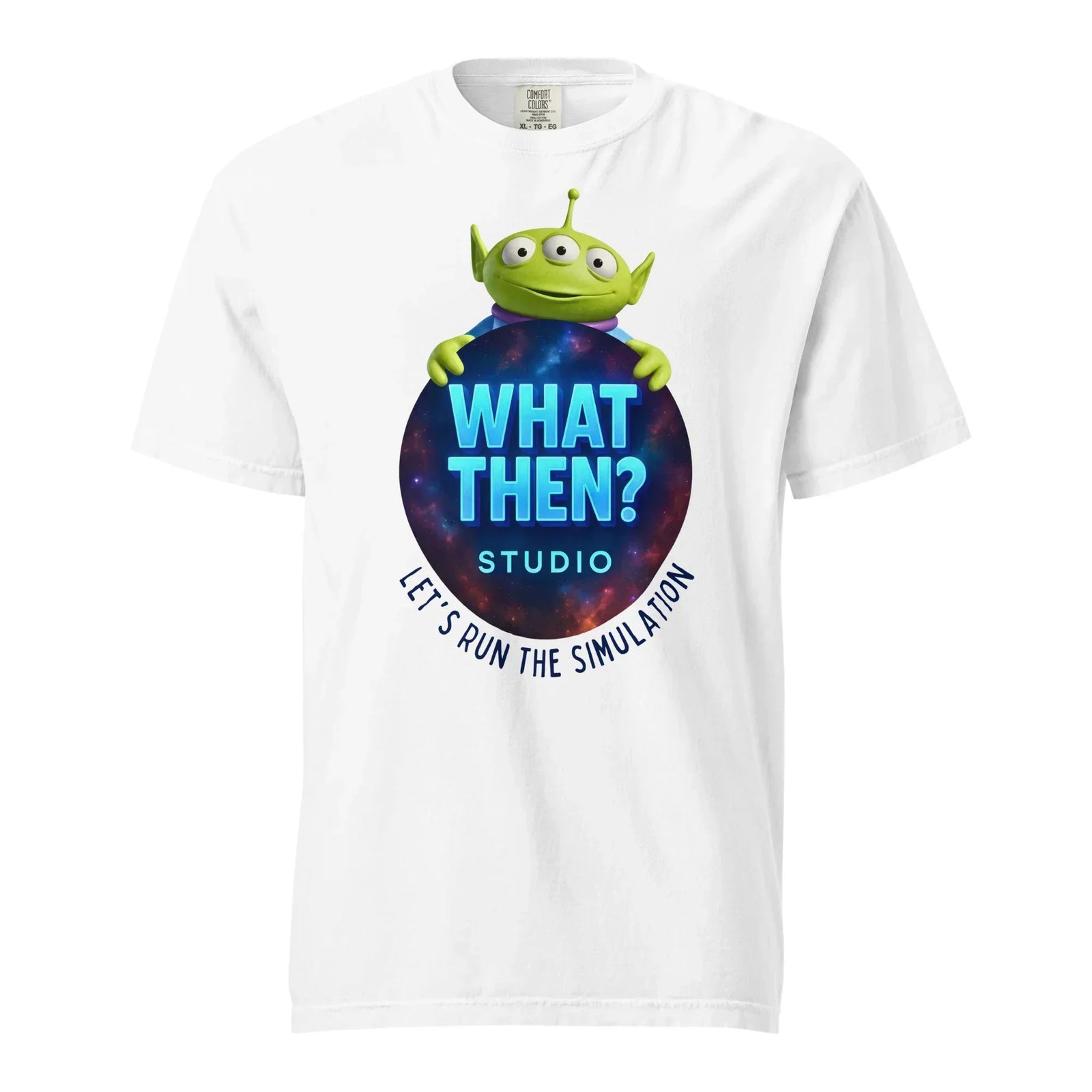 White unisex t-shirt with What Then Studio alien graphic and 'Let's Run the Simulation' slogan