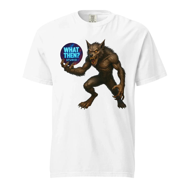 White unisex What Then Studio t-shirt featuring werewolf holding logo, sci-fi design